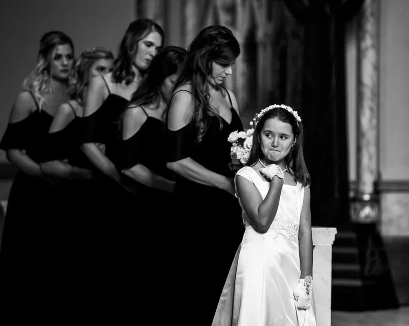 Black and white portrait of a flower girl